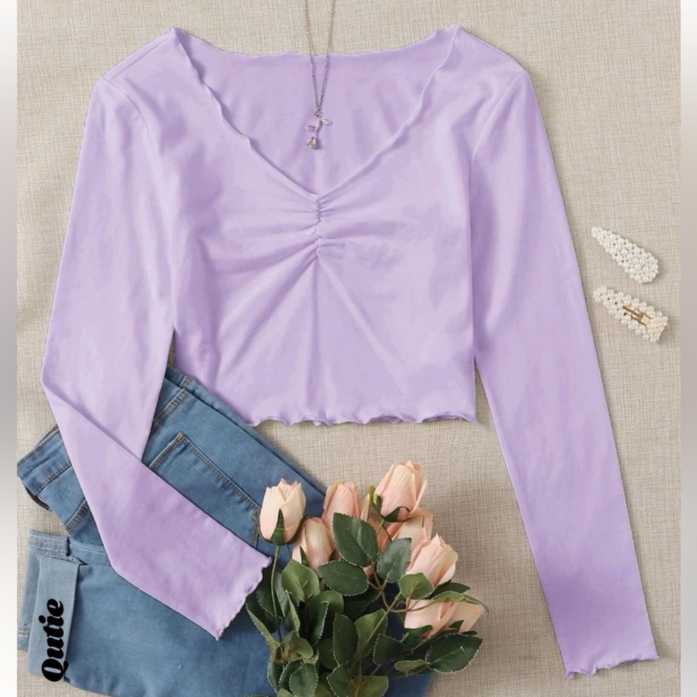 2 Shein Quite Lettuce Trim Ruched front solid top in purple and white.